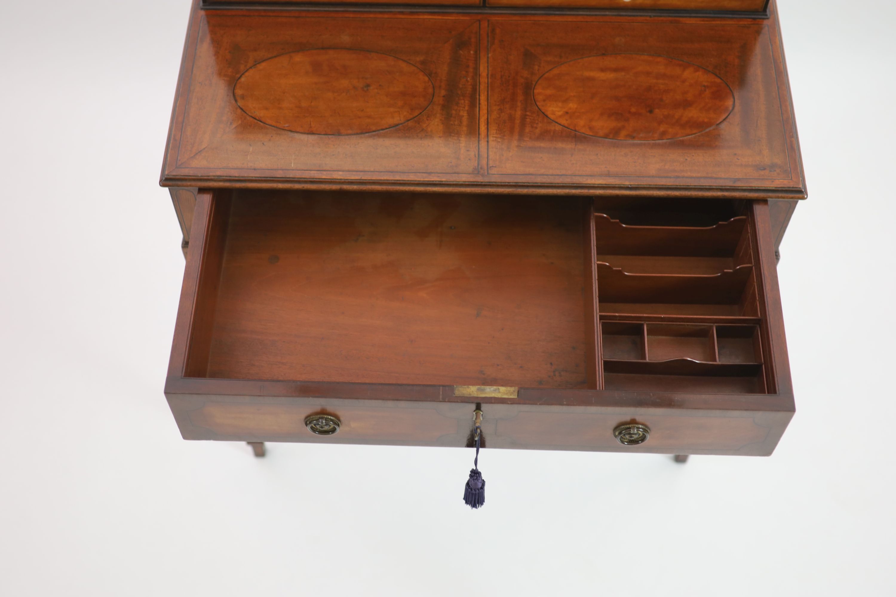 A George III Sheraton style mahogany and harewood bonheur du jour, W.78cm D.47cm H.130cm
